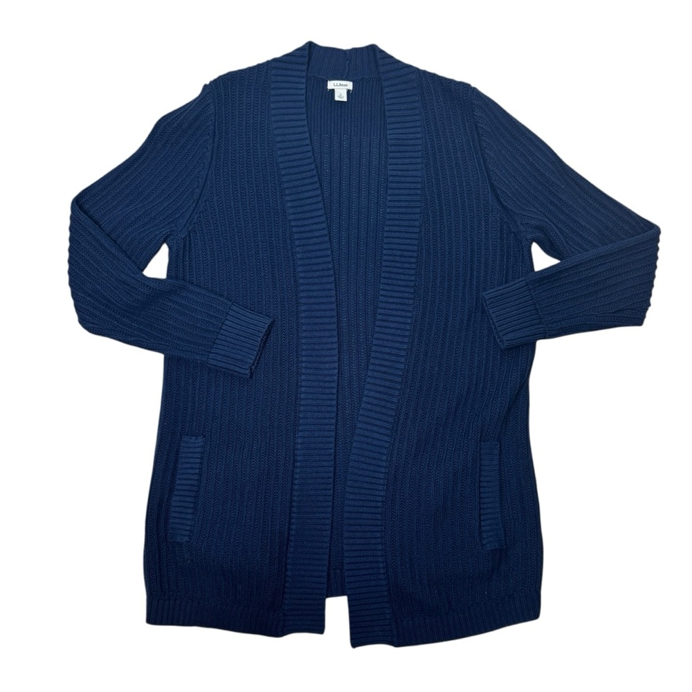 L.L. Bean Women's Navy Blue Shaker Stitch Open Front Cardigan Cotton Large